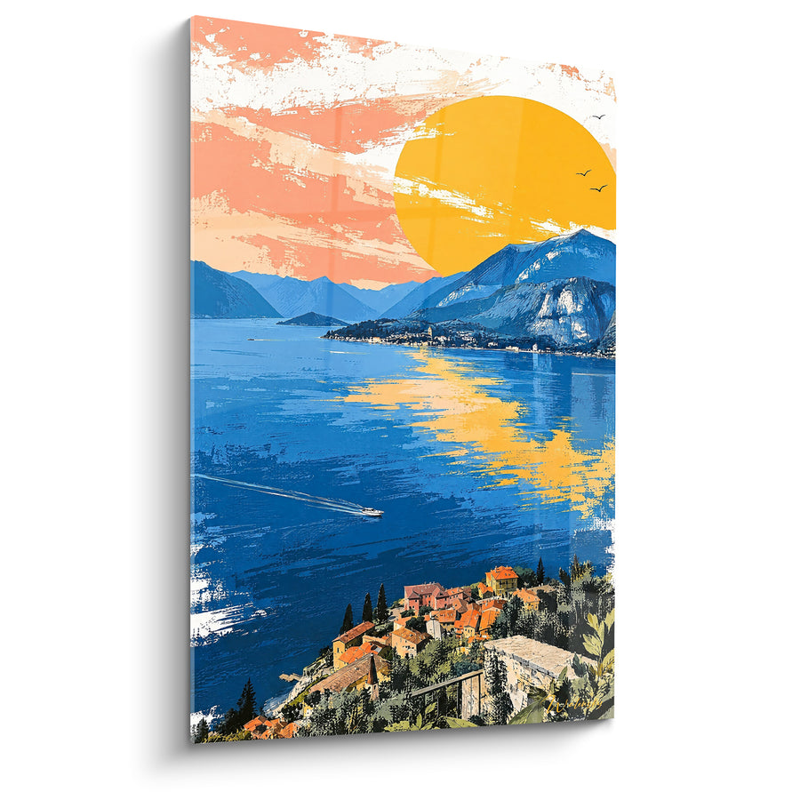 Tableau Lac bleu et orange au soleil couchant - Soir doré sur l'eau - Edition Lac de Côme Lombardie Italie