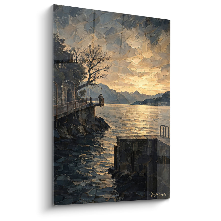 Tableau Promenade lacustre dorée et montagnes bleutées - Solitude au crépuscule - Edition Lac de Côme Lombardie Italie