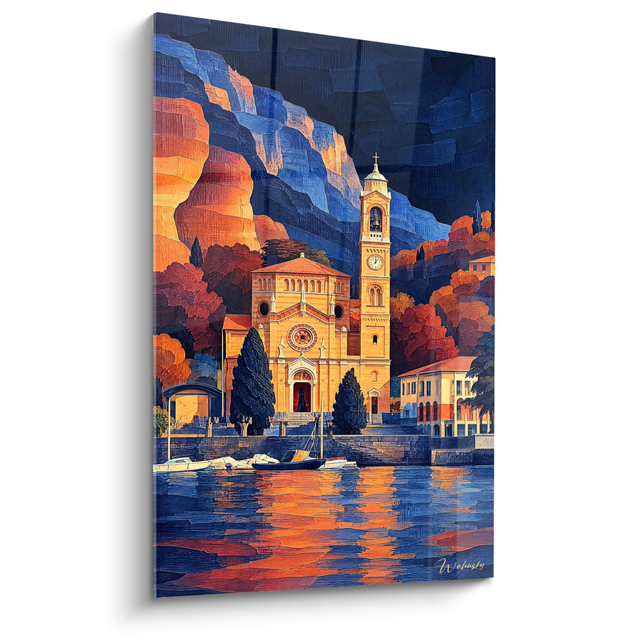 Tableau Église au clocher doré et bleu profond - Crépuscule italien - Edition Lac de Côme Lombardie Italie