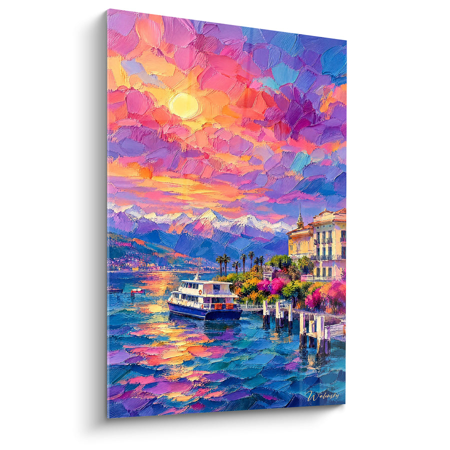 Ferry Painting Moored Under a Rosy Violet Sky - Dusk Stopover - Lake Como Lombardy Italy Edition