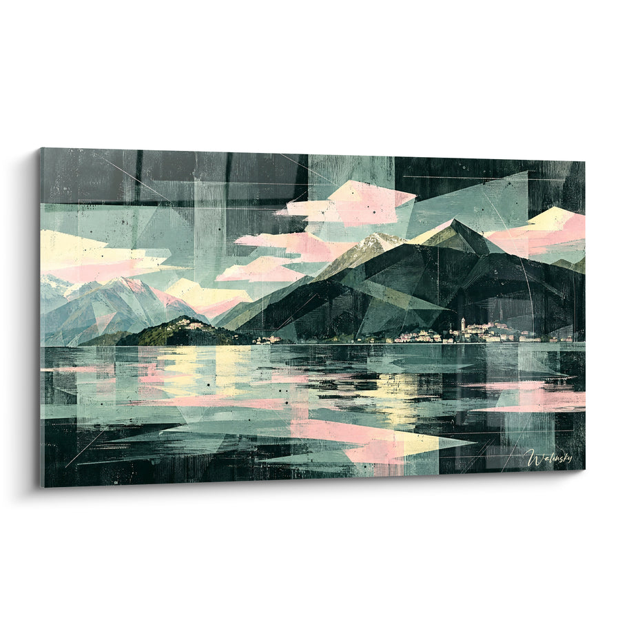 Tableau Montagnes géométriques vert sauge et rose poudré - Aube fragmentée - Edition Lac de Côme Lombardie Italie