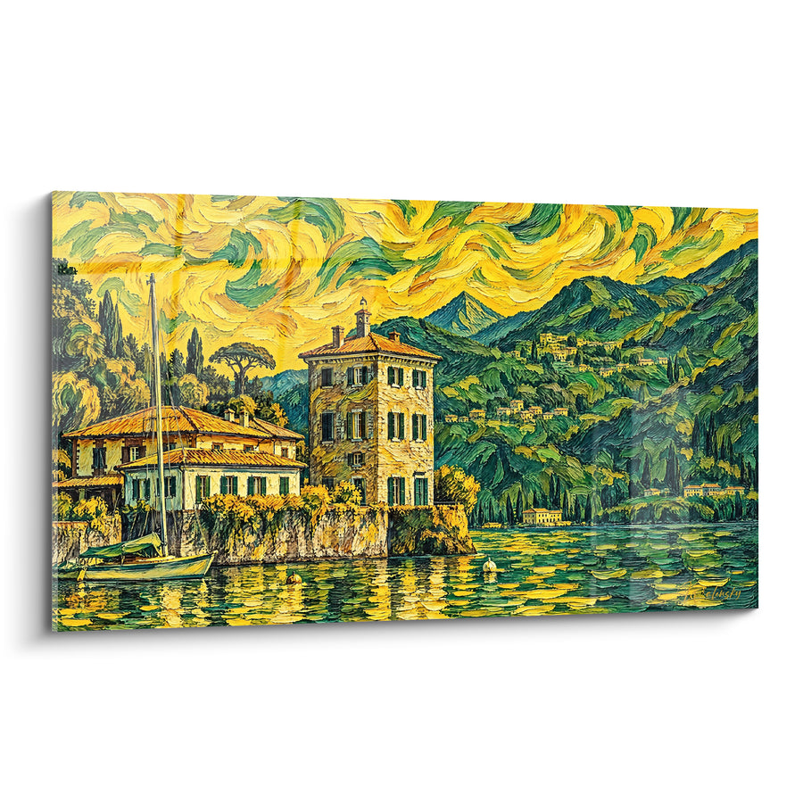 Tableau Villa dorée au bord d'un lac vert - Rêverie lacustre - Edition Lac de Côme Lombardie Italie