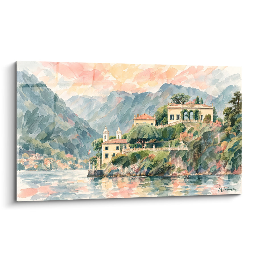 Tableau Villa italienne aux montagnes bleutées et ciel corail - Sérénité italienne - Edition Lac de Côme Lombardie Italie