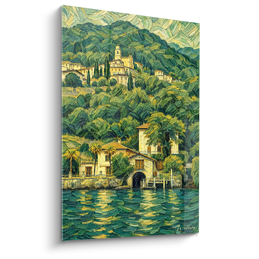 Tableau Villa lacustre aux collines vertes et dorées - Quiétude des rives italiennes - Edition Lac de Côme Lombardie Italie