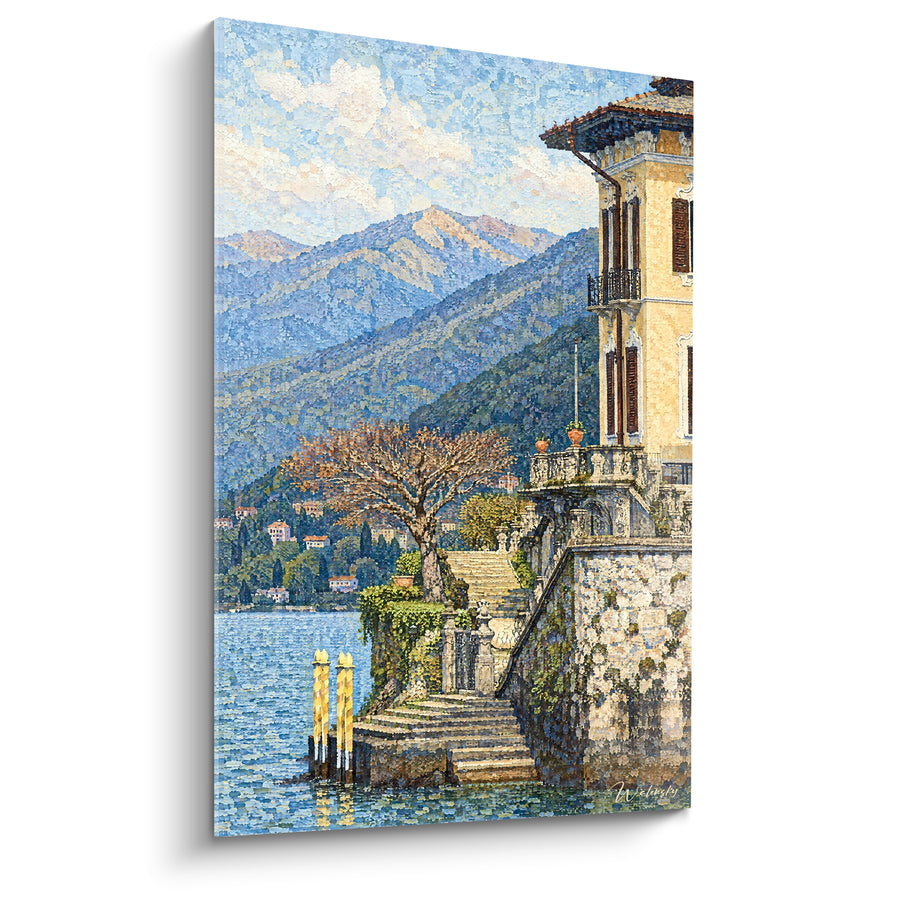 Tableau Escalier de pierre jaune et bleu vers l'eau - Balustrade fleurie et pieux amarrage - Edition Lac de Côme Lombardie Italie