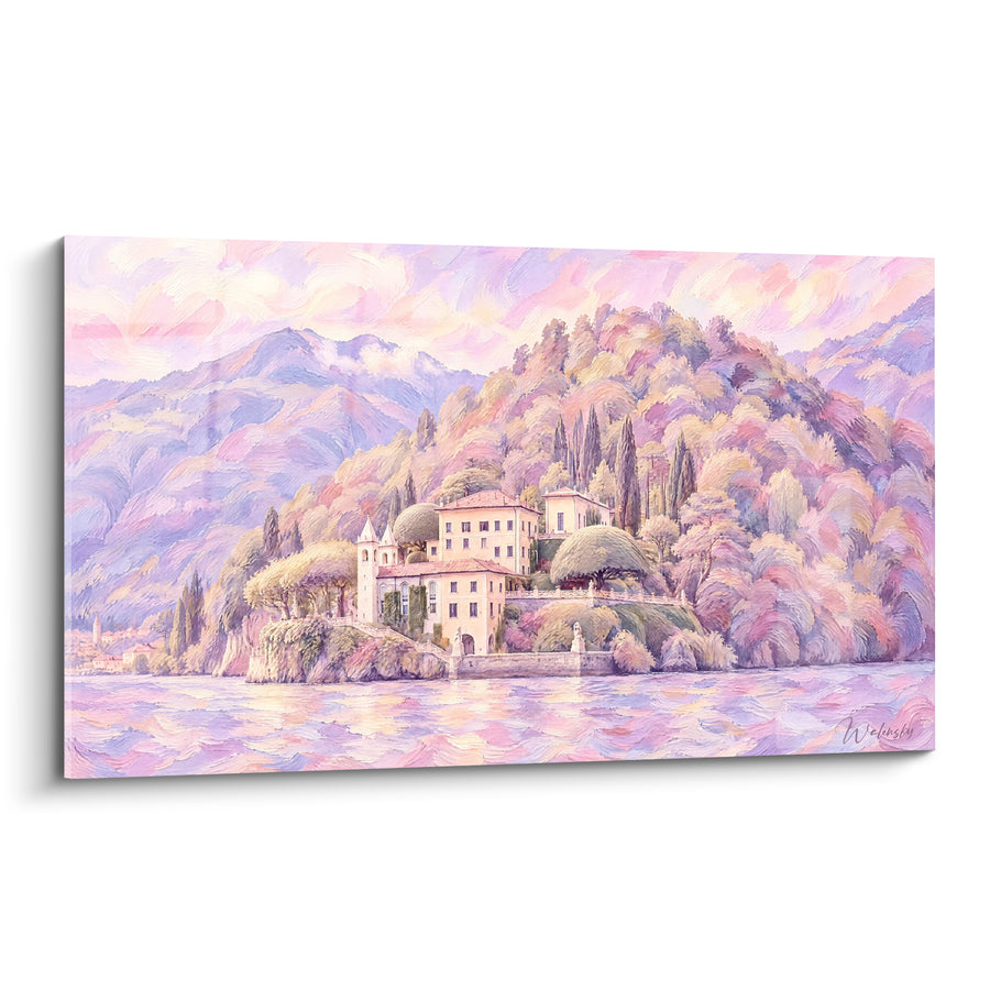 Tableau Villa lacustre aux teintes roses et violettes - Rêverie italienne - Edition Lac de Côme Lombardie Italie