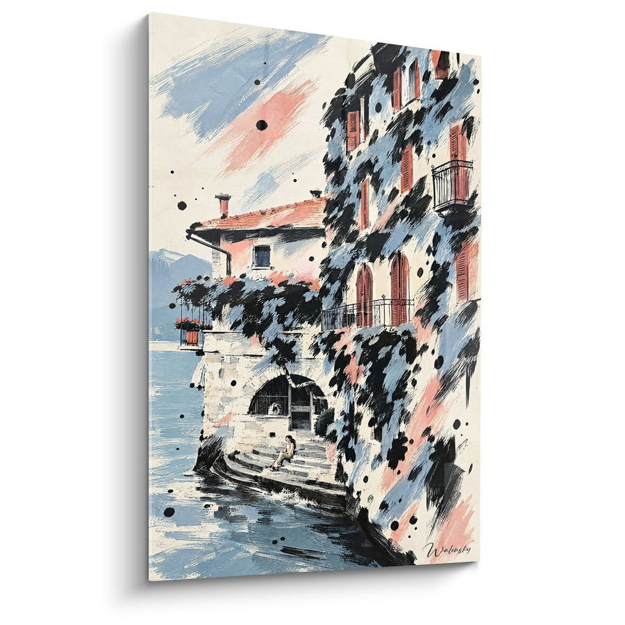 Tableau Villa lacustre aux volets terracotta et bleu pastel - Pause au bord de l'eau - Edition Lac de Côme Lombardie Italie