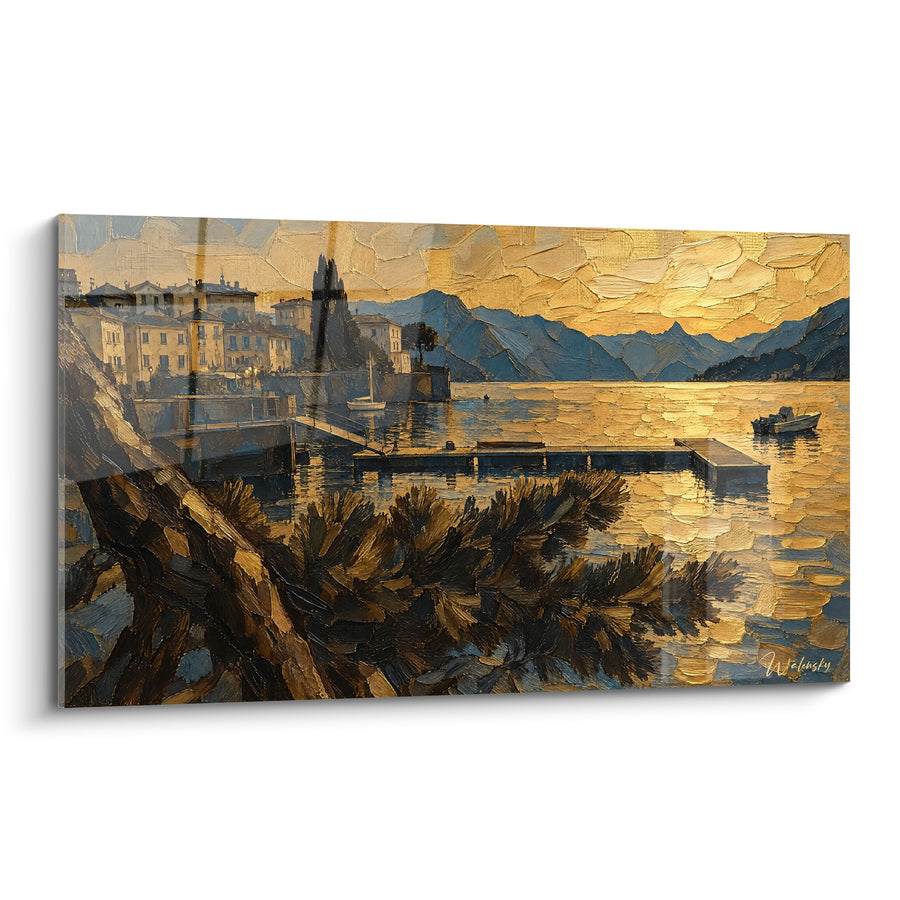 Tableau Village lacustre doré aux pins sombres - Heure dorée du soir - Edition Lac de Côme Lombardie Italie