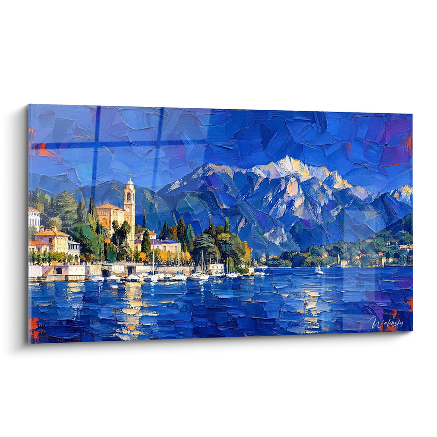 Tableau Village lacustre bleu et ocre aux montagnes enneigées - Éveil au bord de l'eau - Edition Lac de Côme Lombardie Italie
