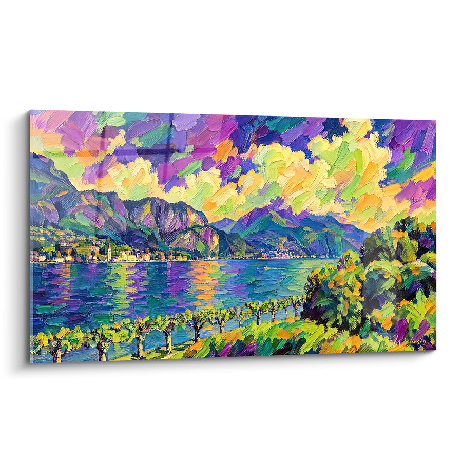 Tableau Lac montagneux violet et turquoise vibrant - Éveil des couleurs - Edition Lac de Côme Lombardie Italie