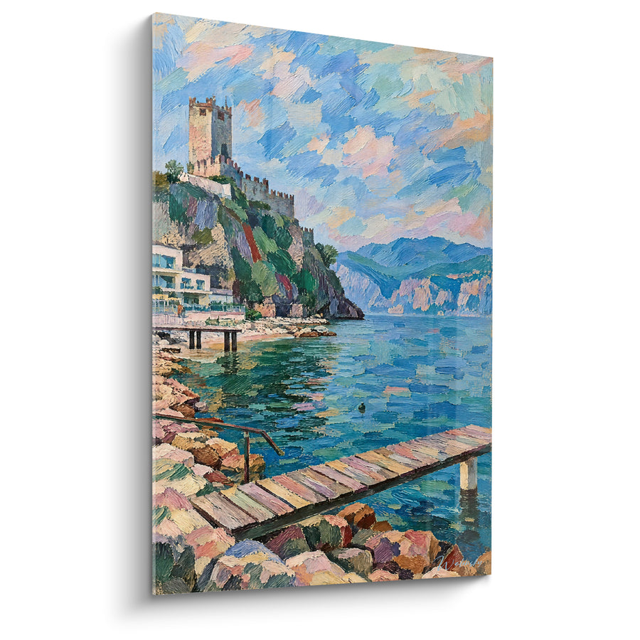 Painting Medieval Castle Overlooking a Turquoise Lake - Lakeside Serenity - Lake Garda Lombardy Italy Edition