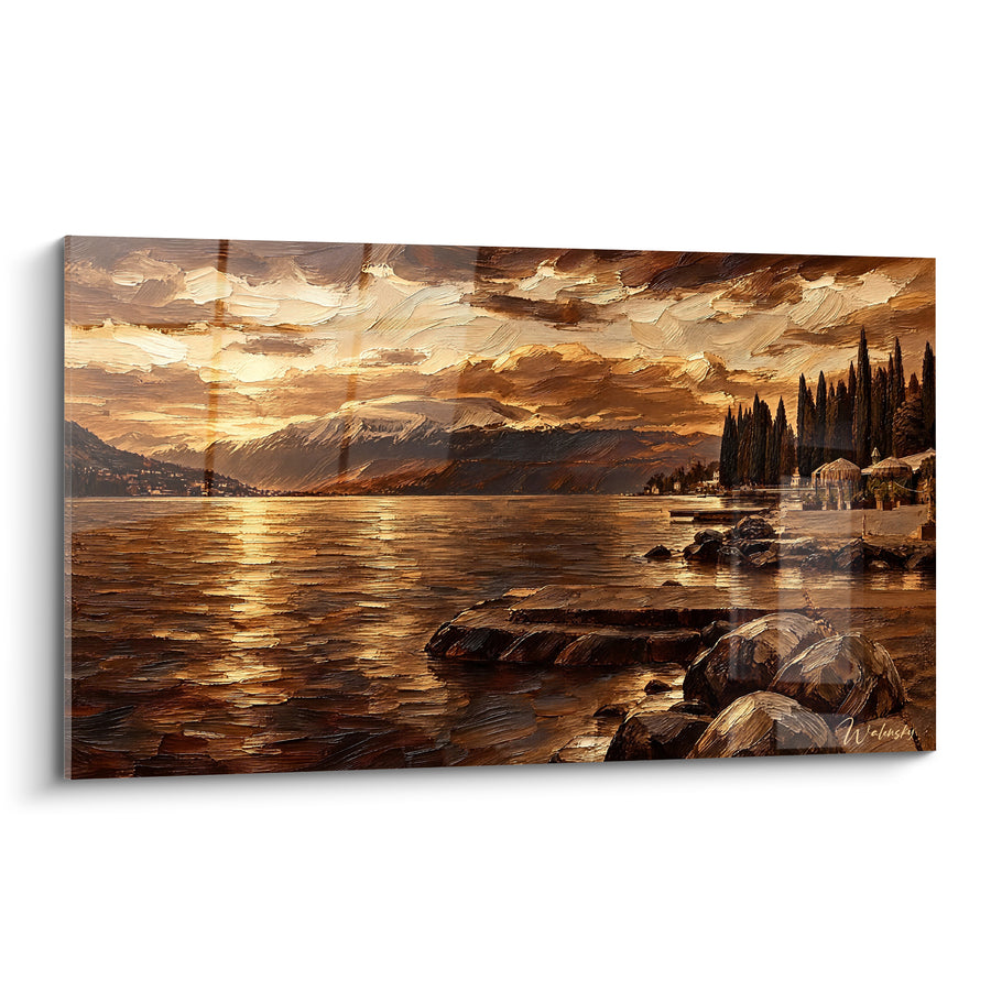 Golden Painting of Lake Garda with Rocks and Cypress Trees - Dusk Silence - Lake Garda Lombardy Italy Edition