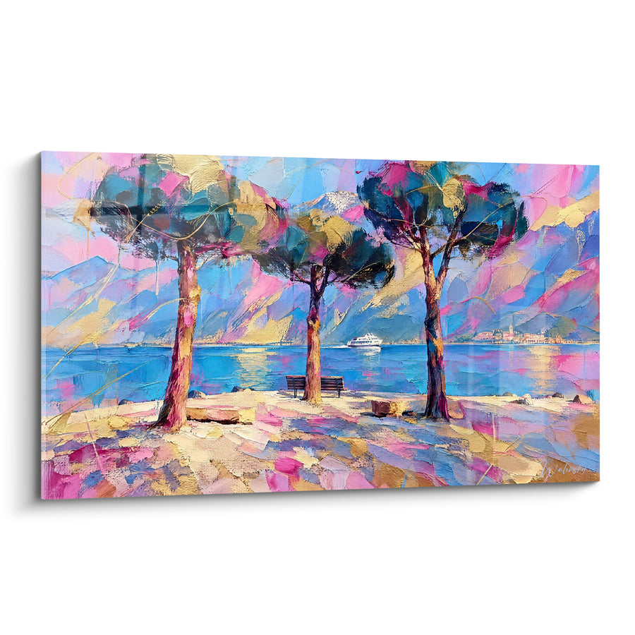 Painting Umbrella Pines, Golden Trees and Benches Facing the Lake - Pause by the Water - Lake Garda Edition, Lombardy, Italy