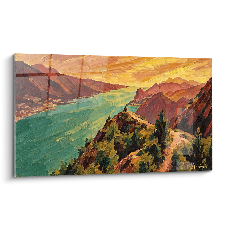 Painting Promontory Overlooking a Golden Turquoise Lake - Meditation at Altitude - Edition Lake Garda Lombardy Italy