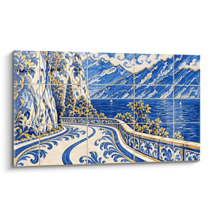 Painting Coastal Road in Blue and Gold with Distant Sailboats - Tile-Effect Finish - Edition Lake Garda Lombardy Italy