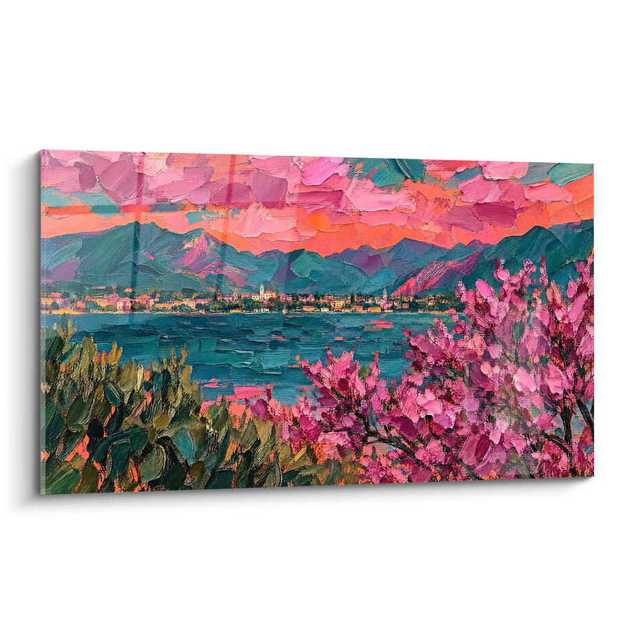 Lake Village Painting Pink and Turquoise in Bloom - Twilight Intoxication - Lake Garda Lombardy Italy Edition