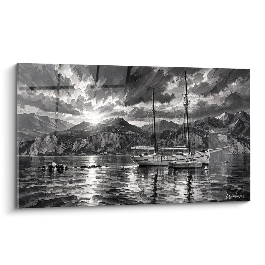 Sailboat Painting Black and White on Calm Water - Mooring at Sunrise - Lake Garda Lombardy Italy Edition