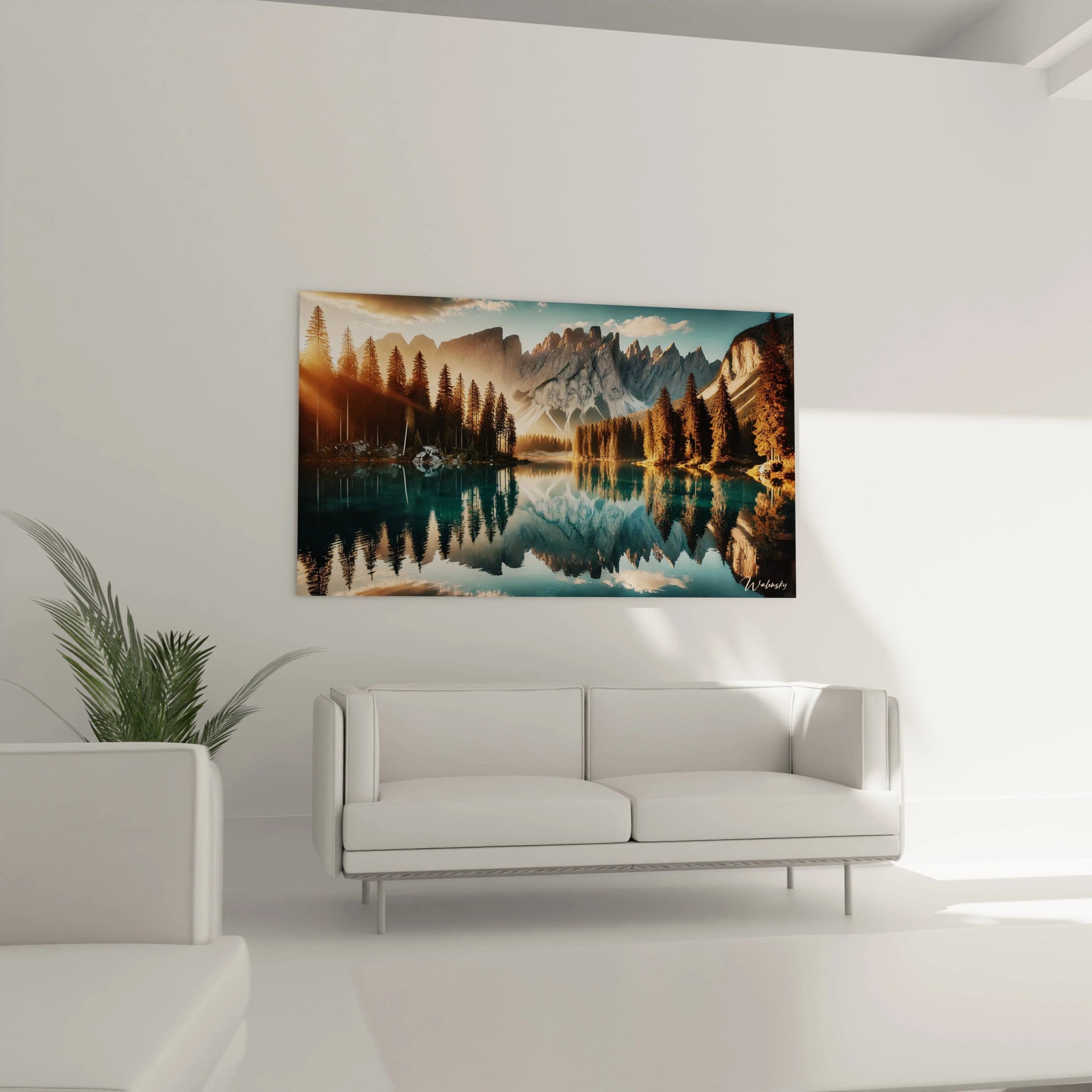 Dans votre salon, ce tableau montagne crée une atmosphère relaxante au-dessus du canapé. Son reflet parfait dans le lac invite à la contemplation et à l'évasion.

