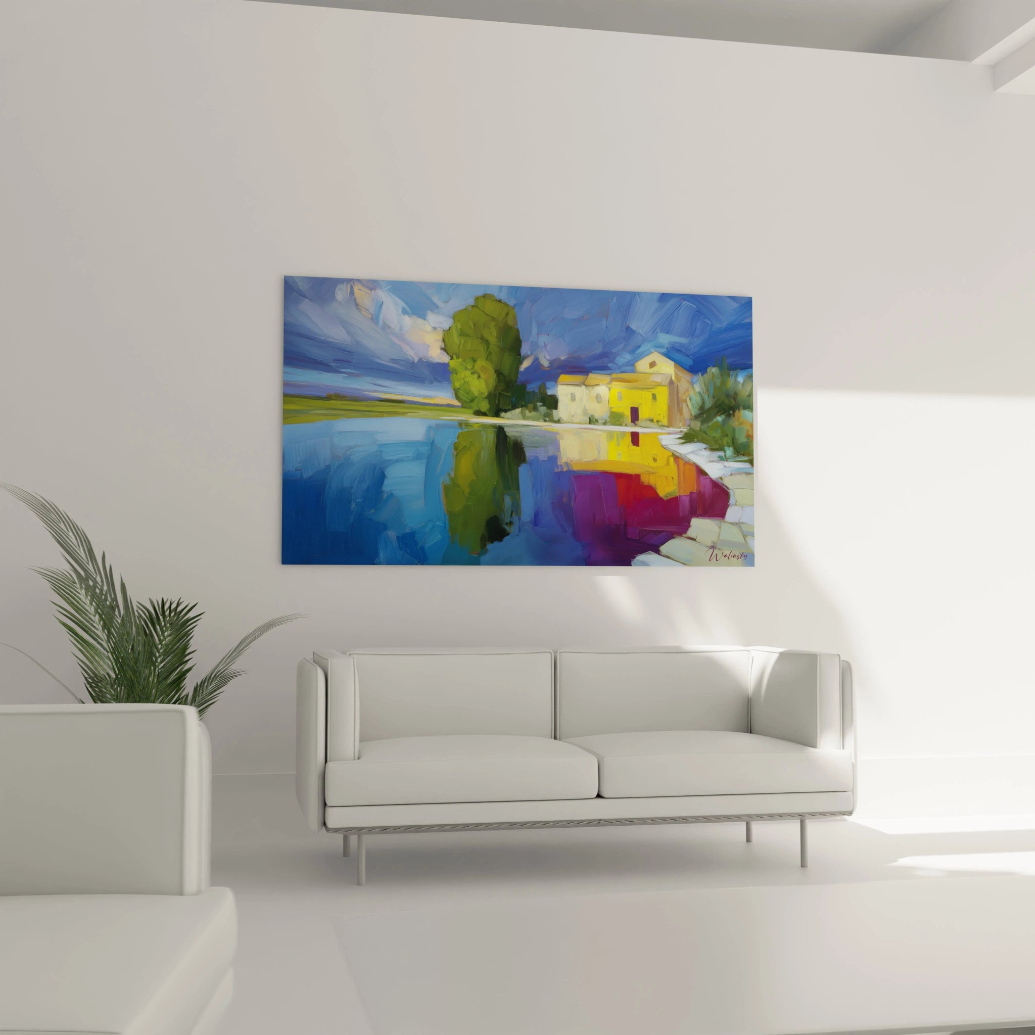 tableau impressionniste lac Walensky représentant maison jaune et arbre se reflétant dans l eau