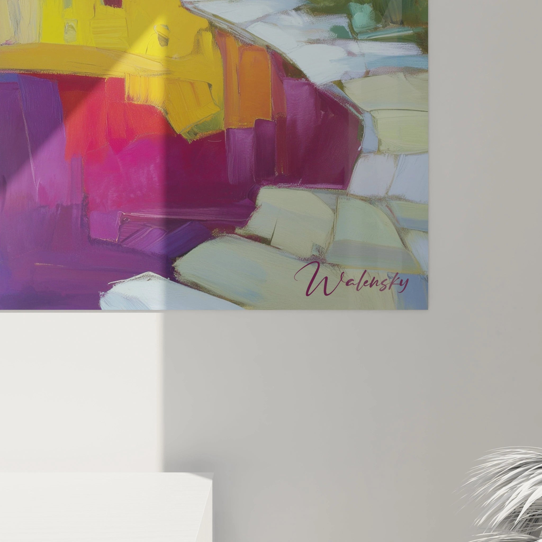 tableau impressionniste lac Walensky peinture murale aux tons vifs rose jaune blanc décor contemporain
