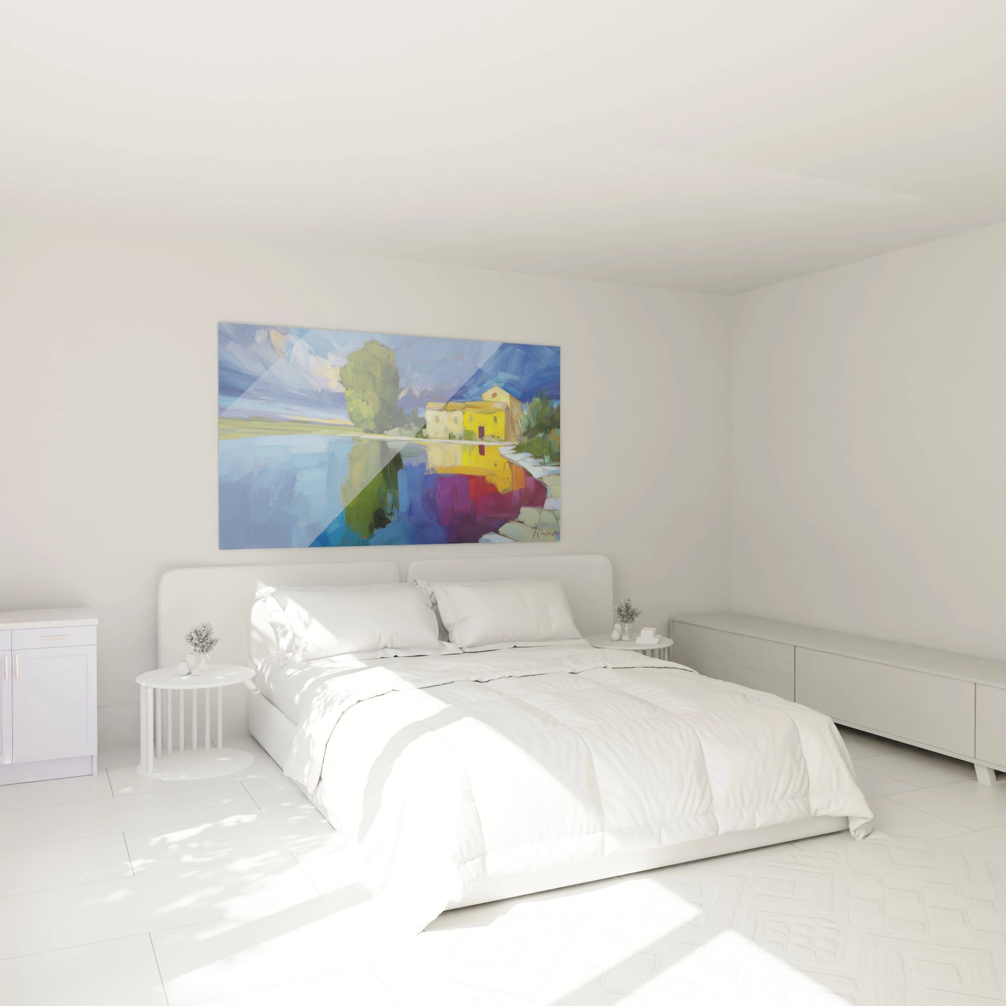 Walensky tableau impressionniste lac coloré accroché au dessus d un lit dans une chambre blanche minimaliste