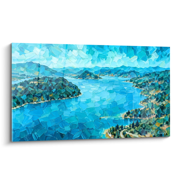 Gemälde Türkisfarbener See mit grünen Hügeln - Azurblaue Flucht - Edition Lac du Salagou Okzitanien Frankreich