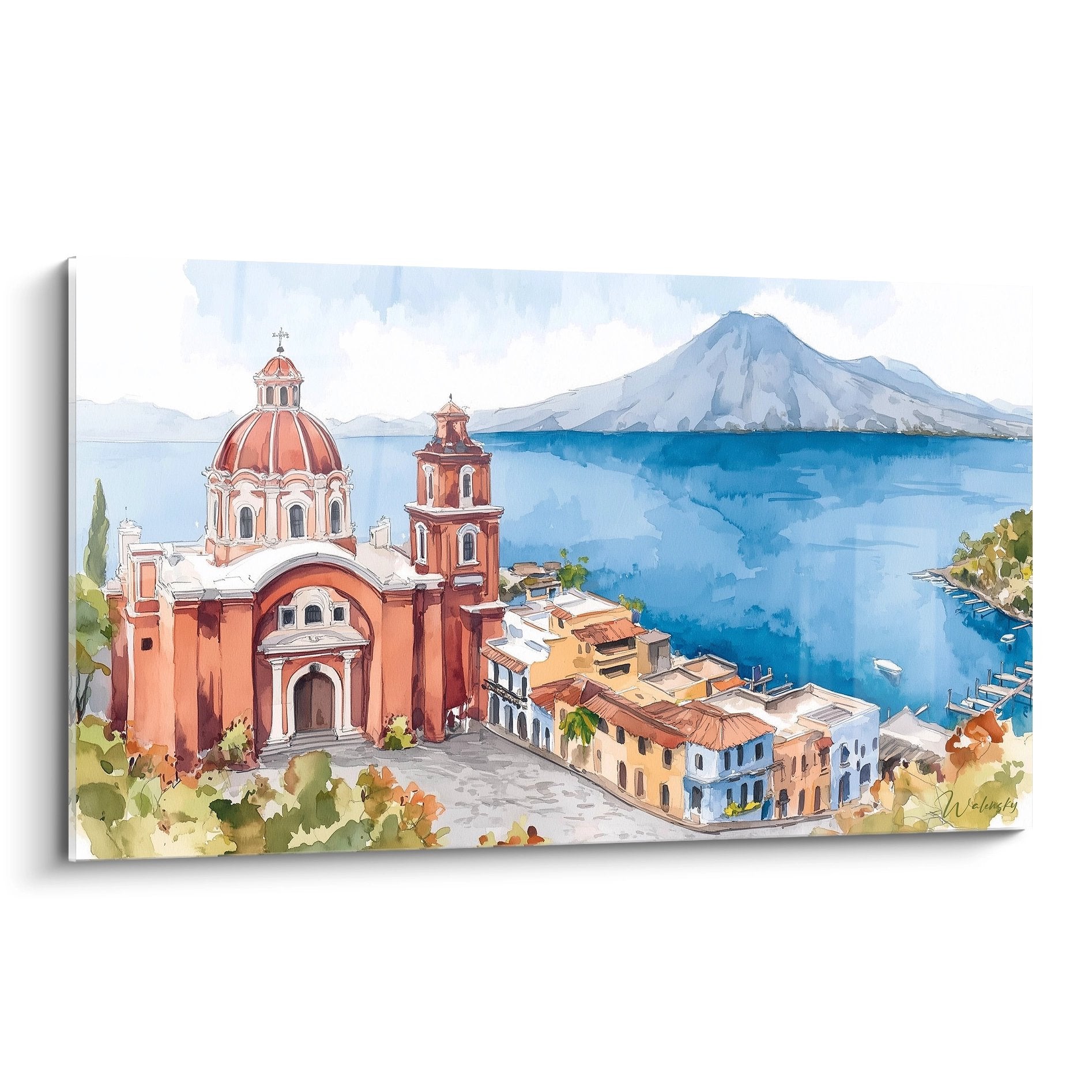 Tableau aquarelle église italienne au bord lac méditerranéen avec montagnes enneigées et village coloré