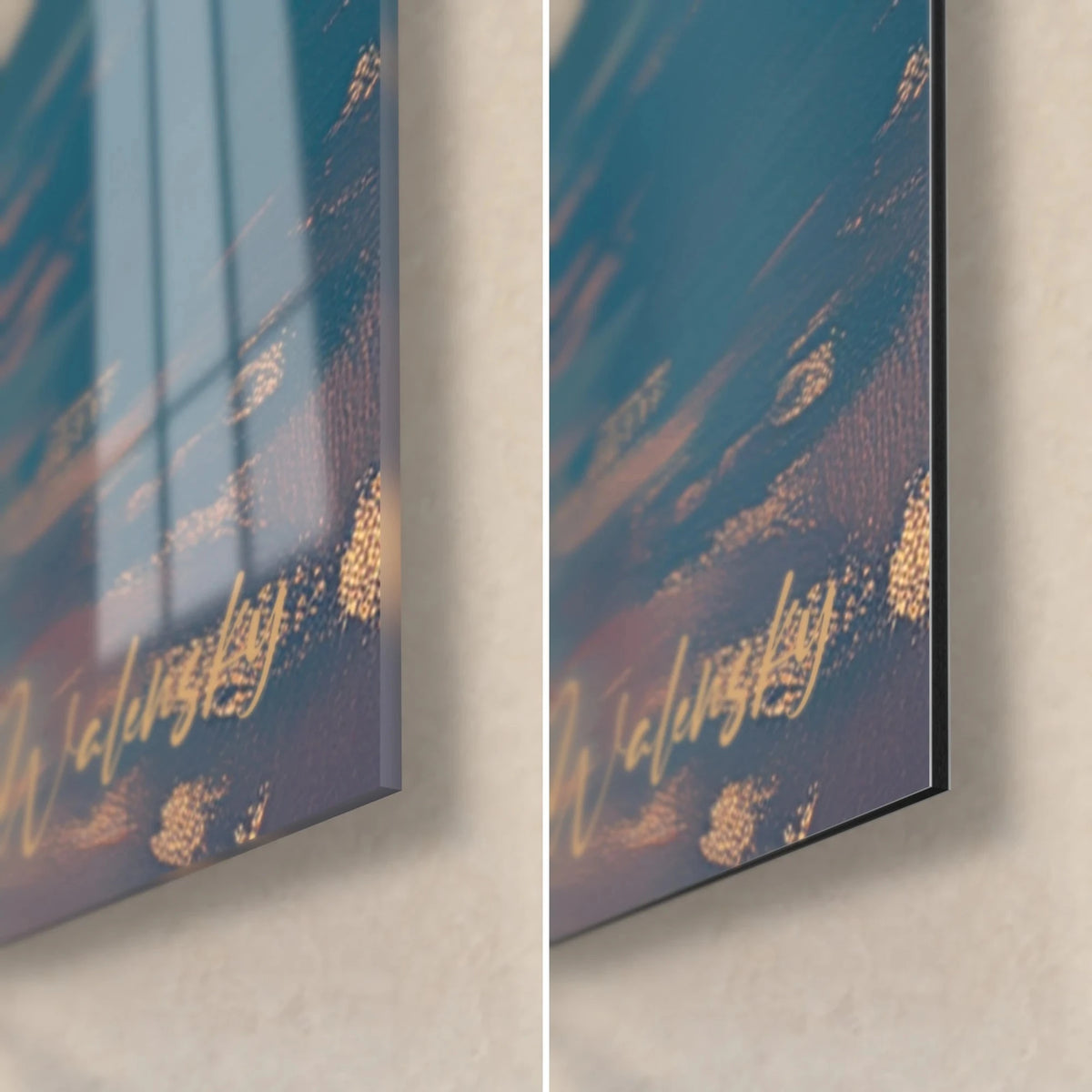 Wall art oil painting of a lake at dusk, bottom right corner: orange reflections on glossy glass, matte black Dibond aluminium, 3 mm edge