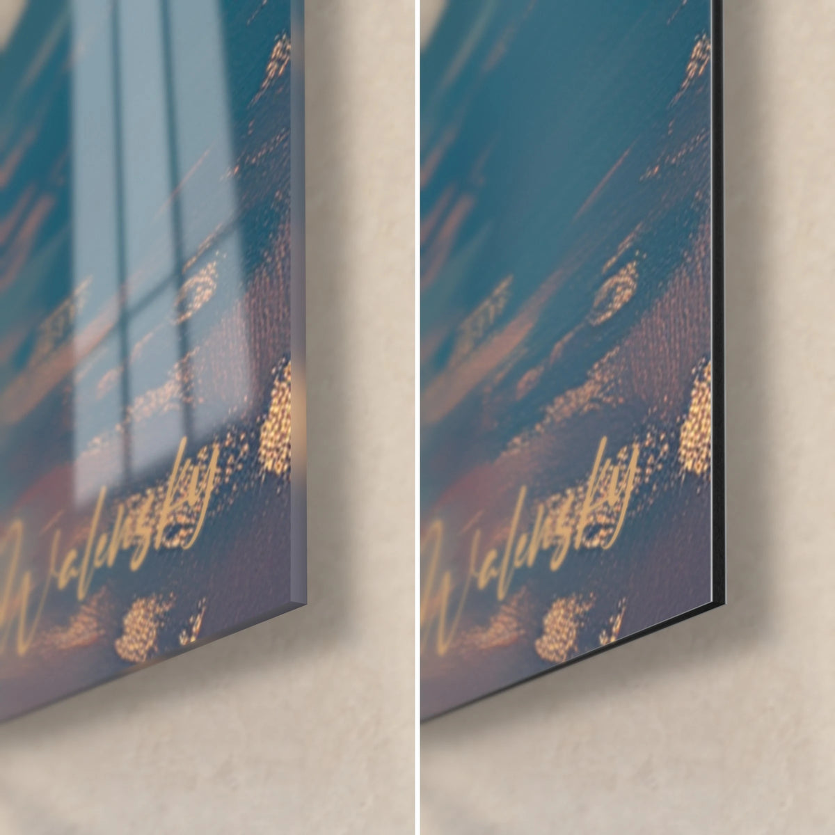 Quadro crepuscolo su un lago in pittura a olio, angolo in basso a destra: riflessi arancioni su vetro lucido, alluminio Dibond nero opaco, bordo da 3 mm