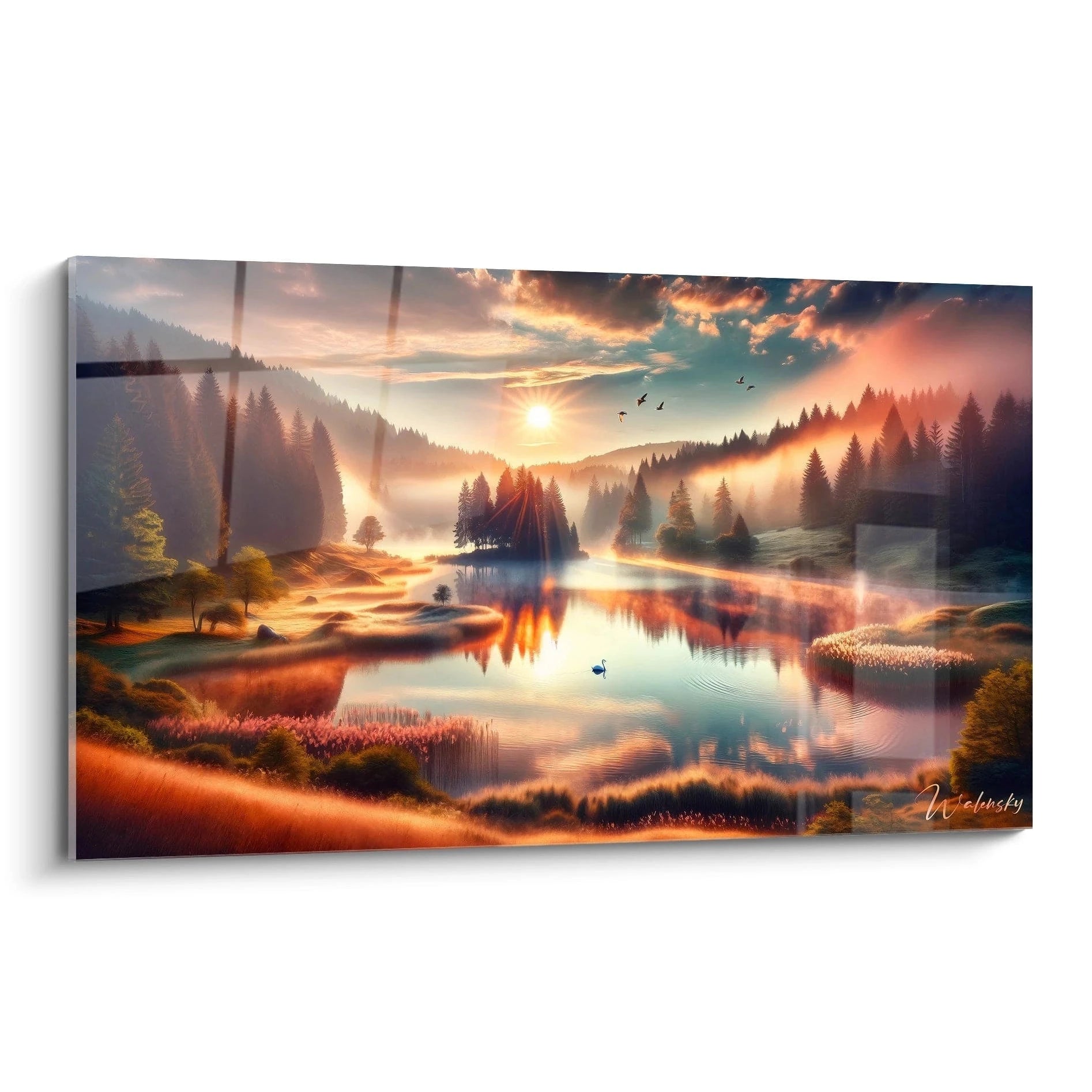 Un tableau paysage représentant un lac brumeux au lever du soleil. Des conifères bordent l'étendue d'eau où flotte un cygne solitaire. Les tons dorés et orangés du soleil se reflètent sur la surface miroitante, tandis que des nappes de brume diffusent la lumière entre les collines boisées.
