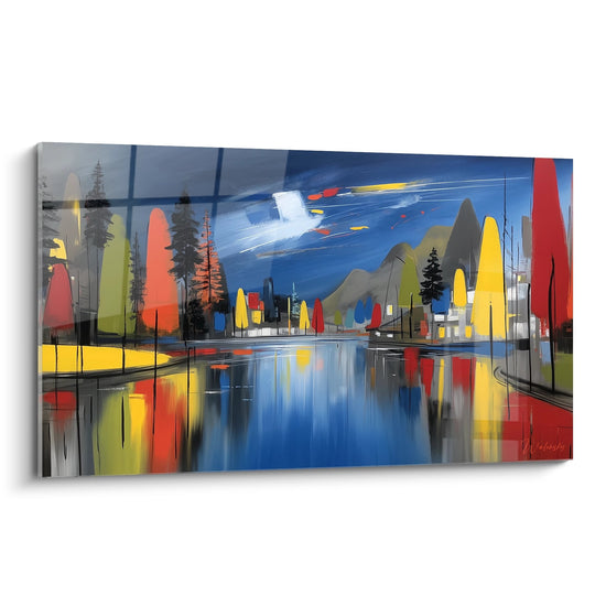 Modernes Seebild mit abstrakten farbigen Reflexionen, stilisierte Stadtlandschaft und geometrische Berge