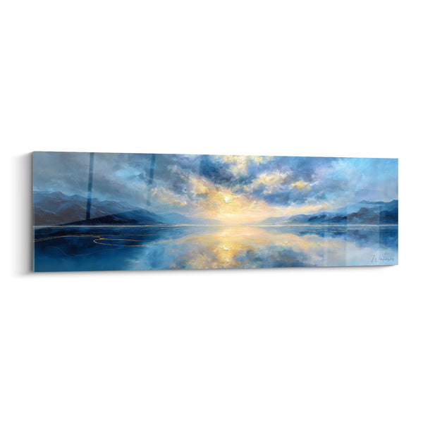 Panorama hemelreflecties op bergmeer met gouden en azuur tinten - Eindeloze contemplatie - Feng Shui Noord Water editie