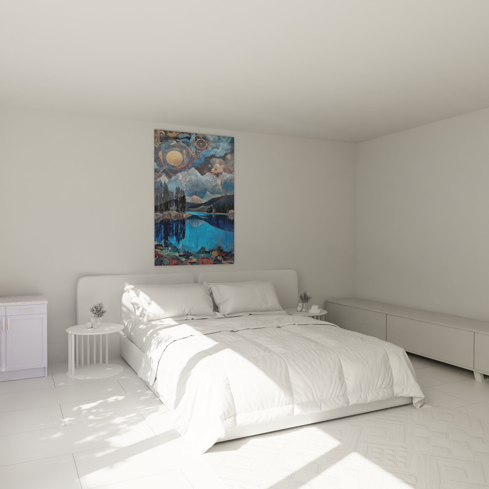 Ambiance chambre avec tableau paysage lac montagne aux reflets bleus et ornements dorés