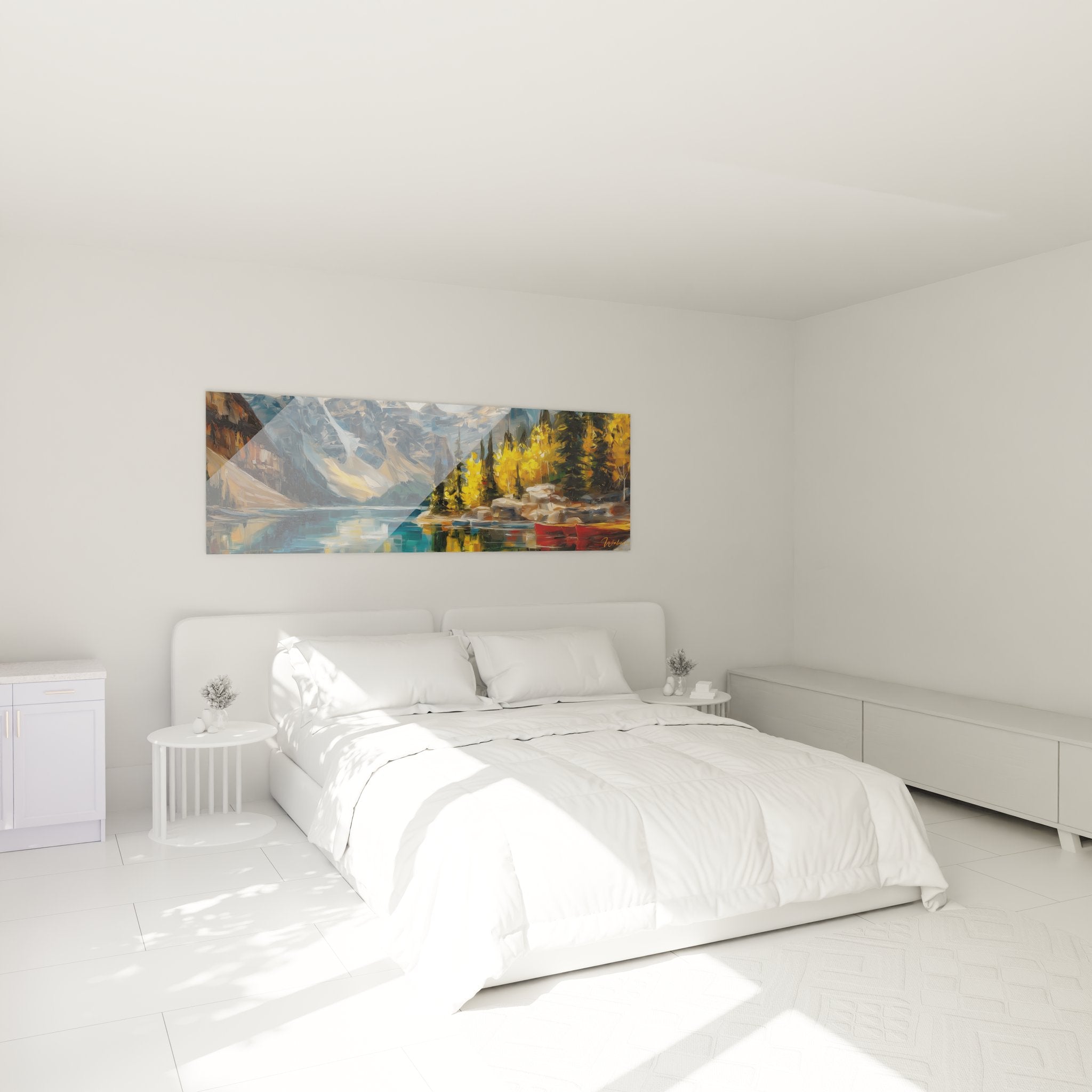 Tableau mural lac montagne automnal ambiance chambre decoration nature reflets dores