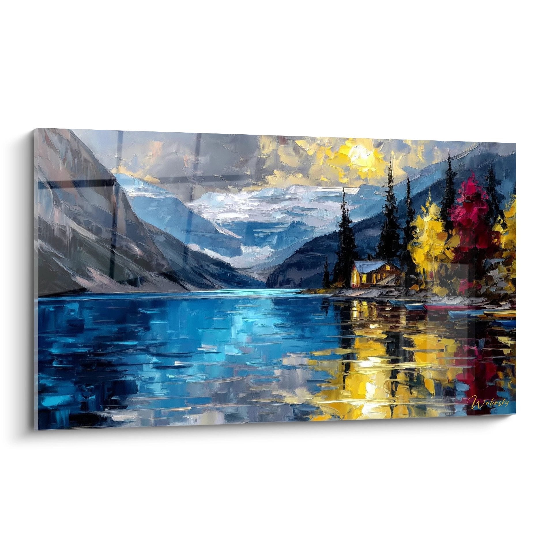 Tableau lac de montagne automne avec reflets dorés, chalet illuminé et feuillage flamboyant sur toile murale
