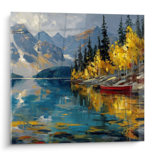 Quadro lago montagna con barca rossa e riflessi dorati autunno, dipinto paesaggio lacustre decorativo