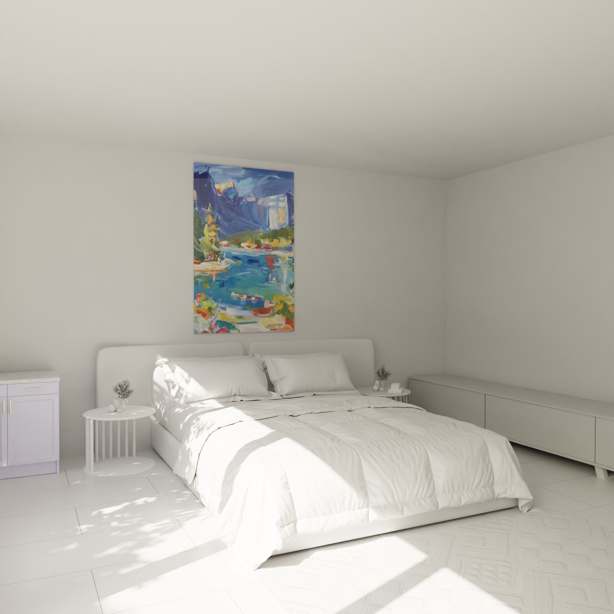 Tableau lac montagne dans chambre, décoration murale impressionniste paysage alpin bleu