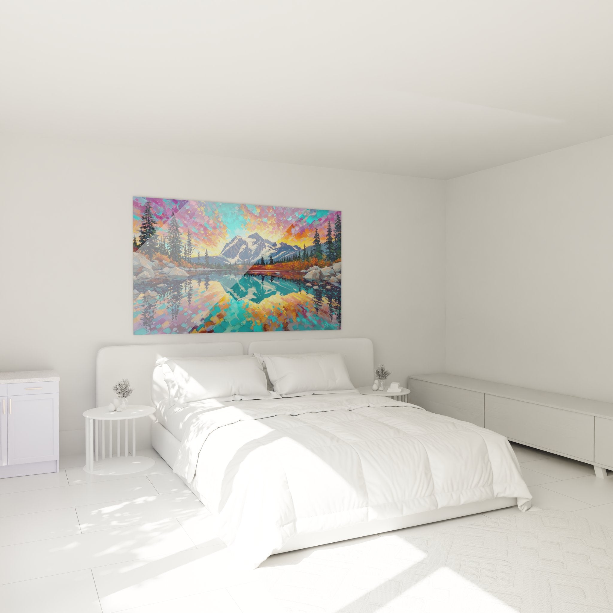 Tableau mural lac montagne chambre décoration paysage alpin reflets colorés ambiance