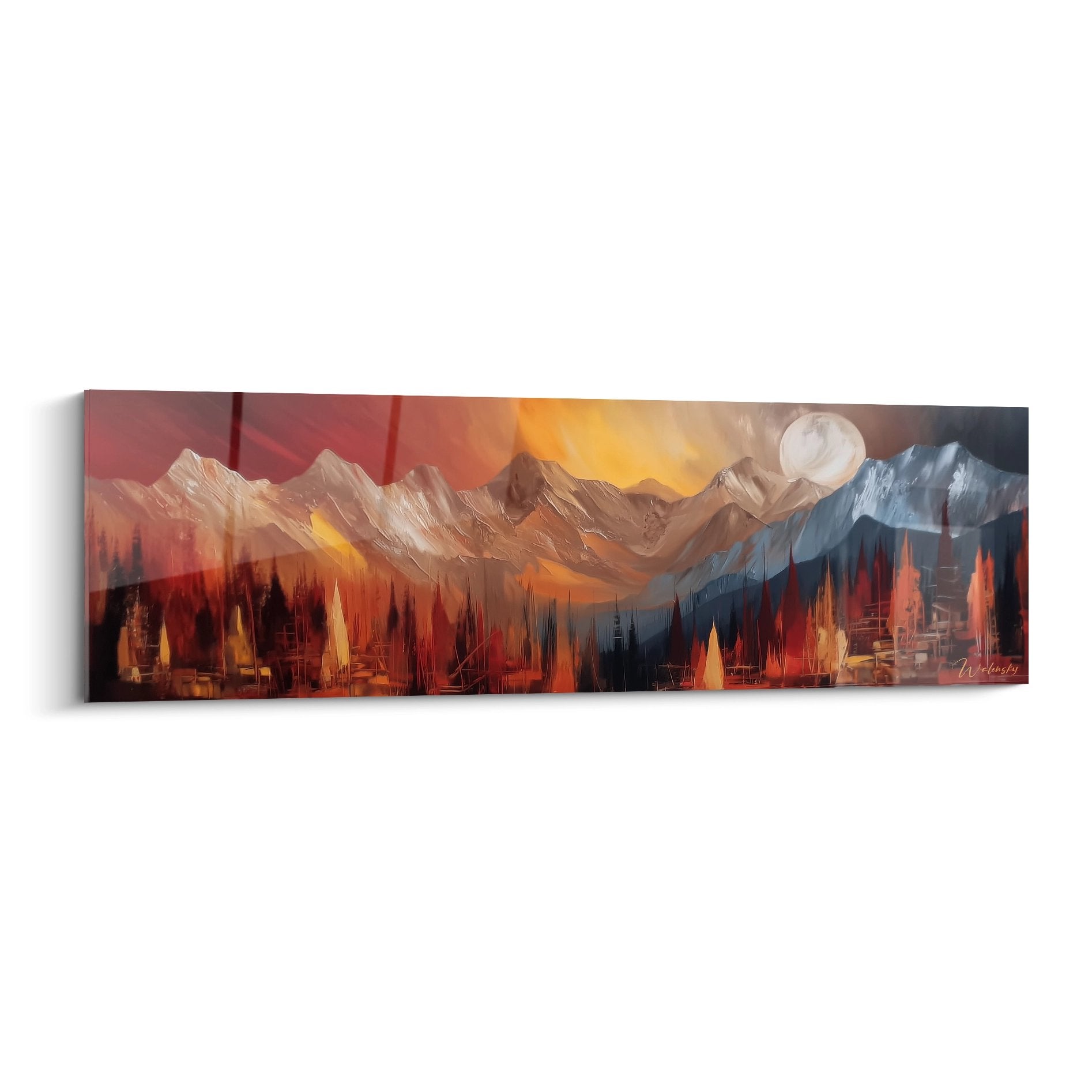 Tableau paysage lac montagne coucher soleil tons chauds oranges dorés décoration murale