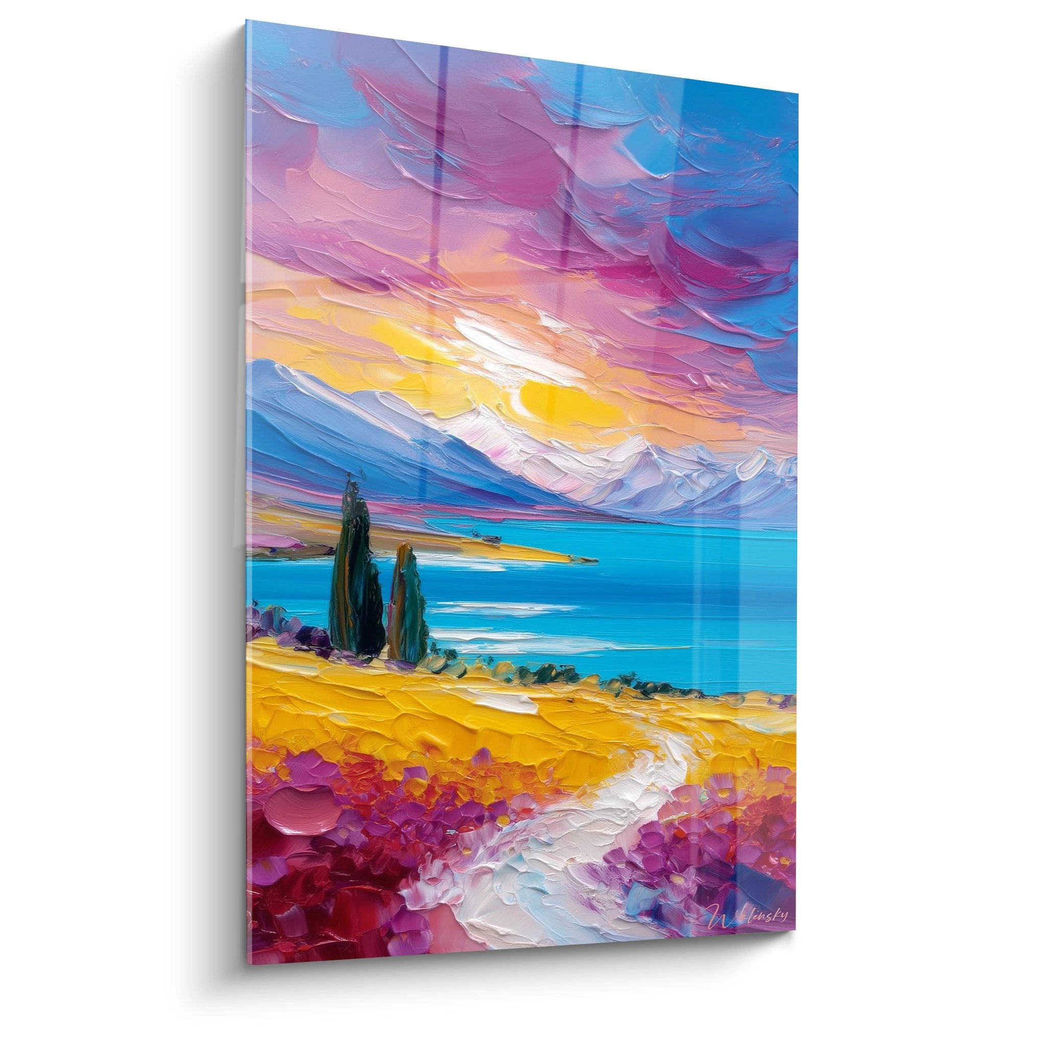 Tableau peinture lac montagne coucher soleil couleurs vibrantes roses violets cyprès art mural moderne