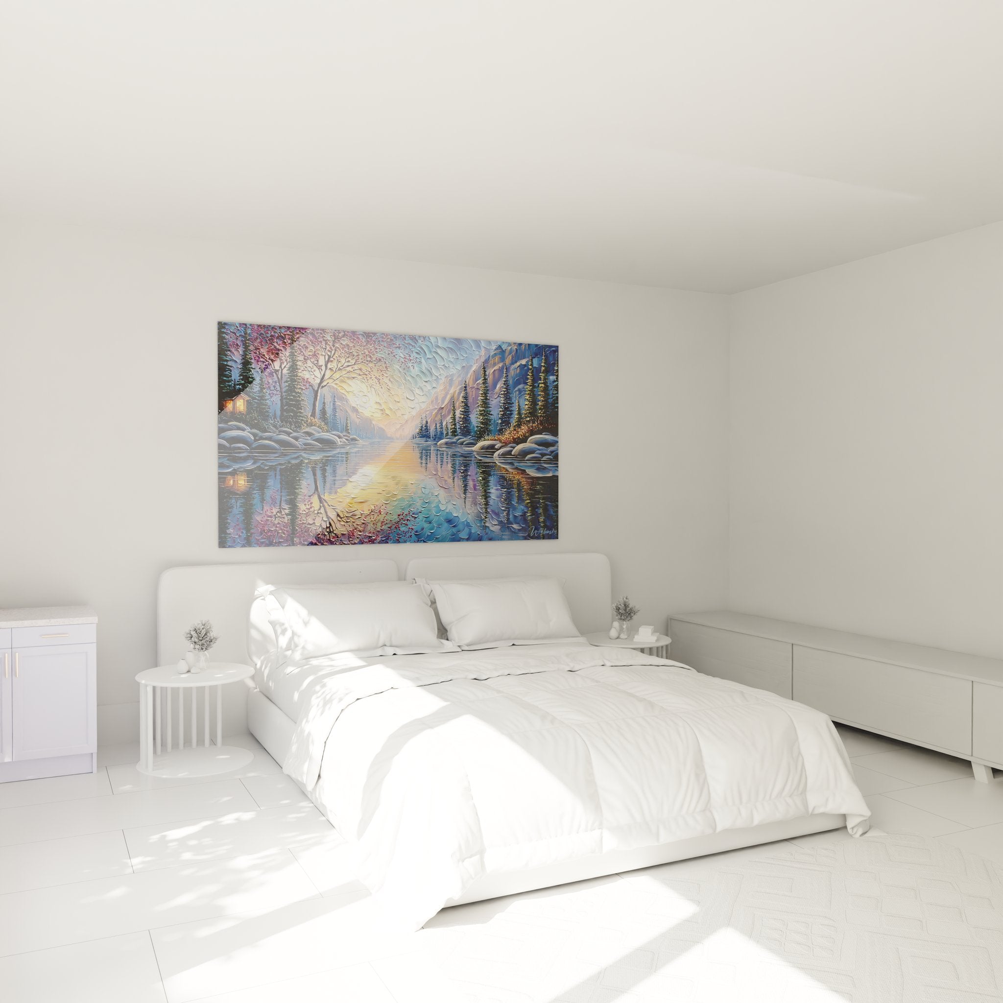 Tableau lac montagne reflet en décoration chambre, ambiance apaisante paysage hivernal mural