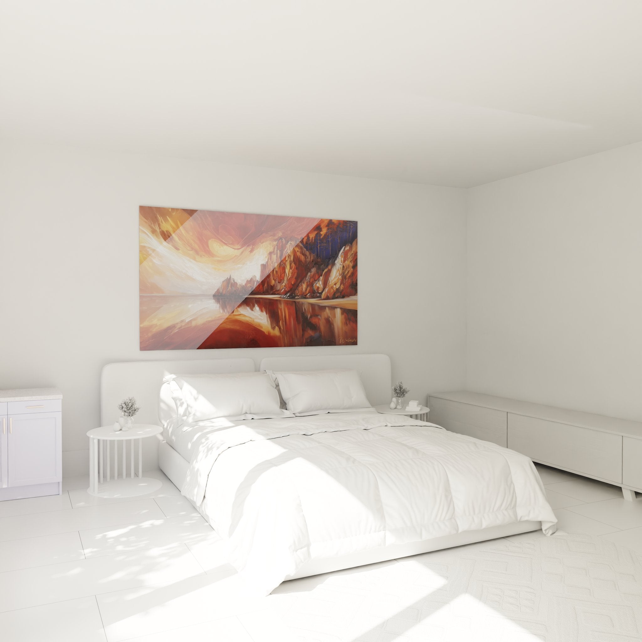 Tableau mural lac de montagne dans décoration chambre moderne avec reflets colorés