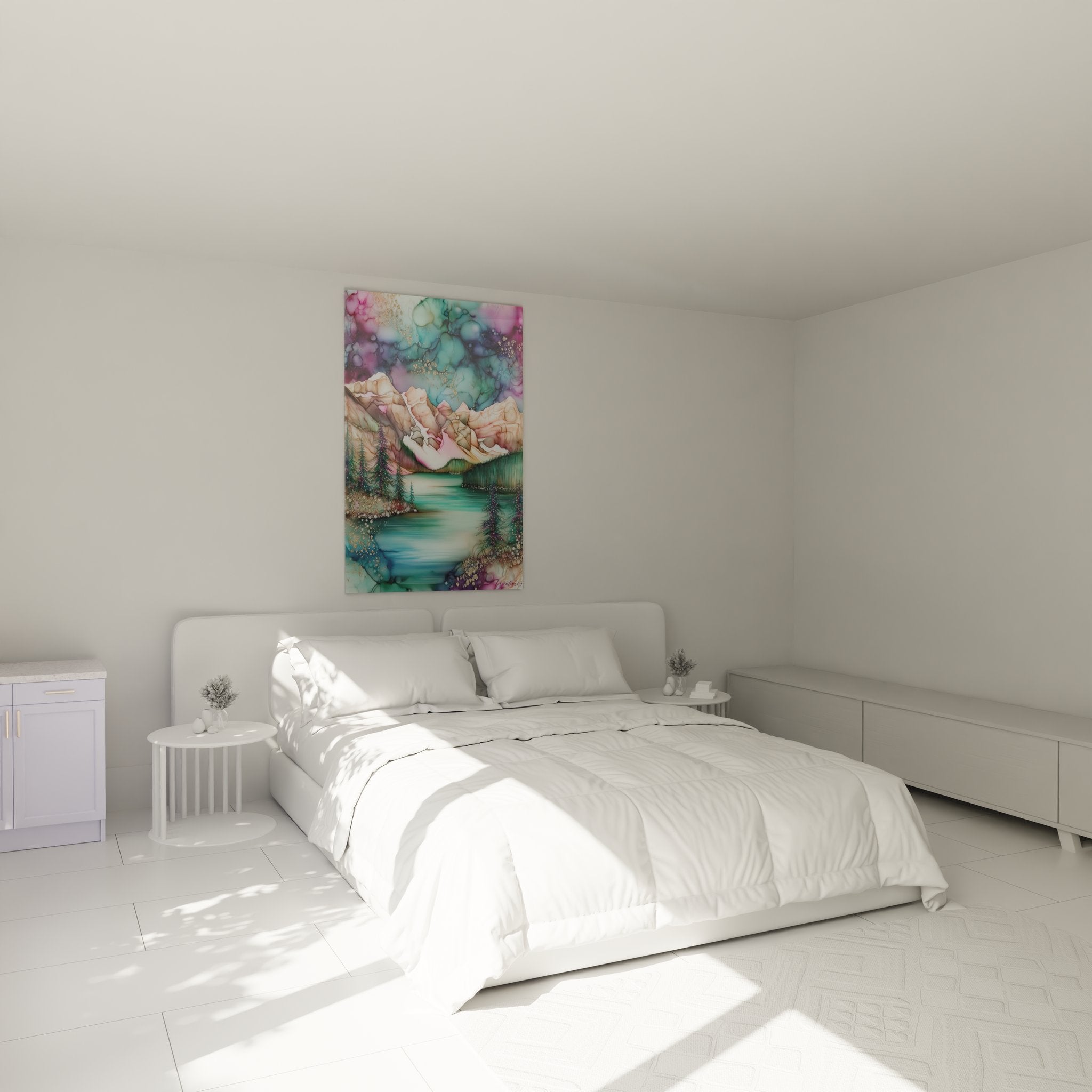 Tableau lac montagne dans chambre moderne - décoration murale nature aux tons aquarelle apaisants