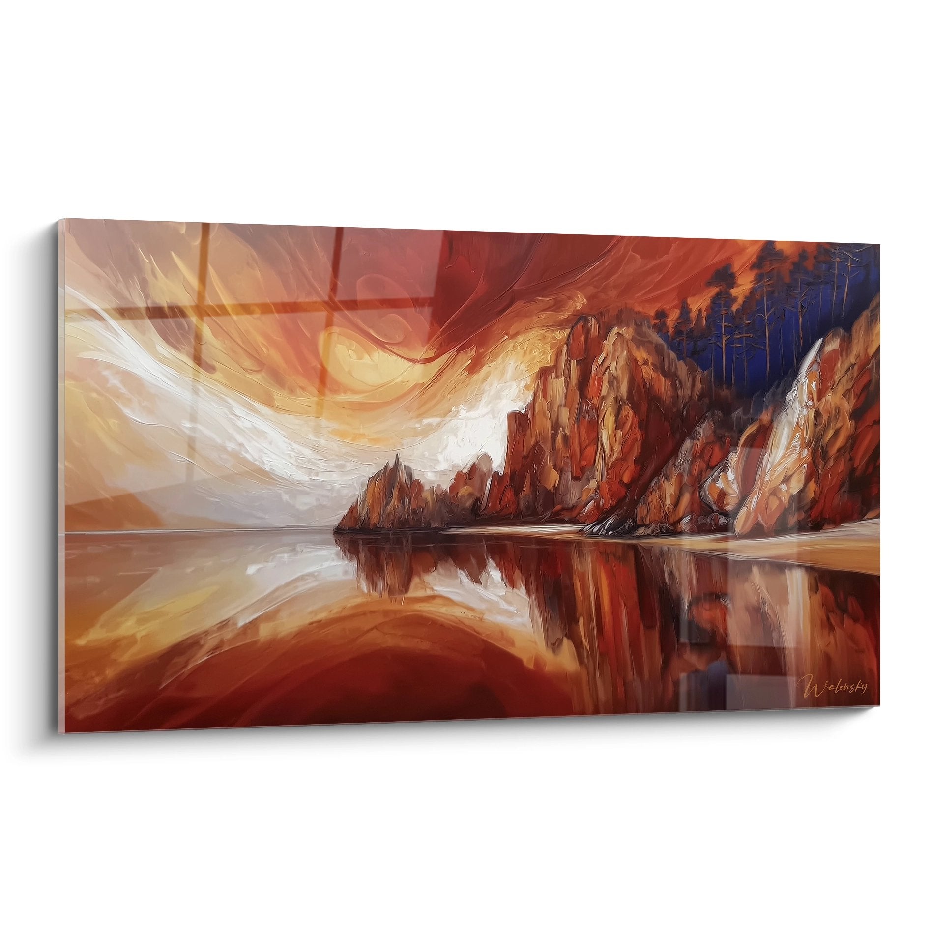 Tableau lac de montagne aux reflets dramatiques avec falaises rouges et ciel enflammé