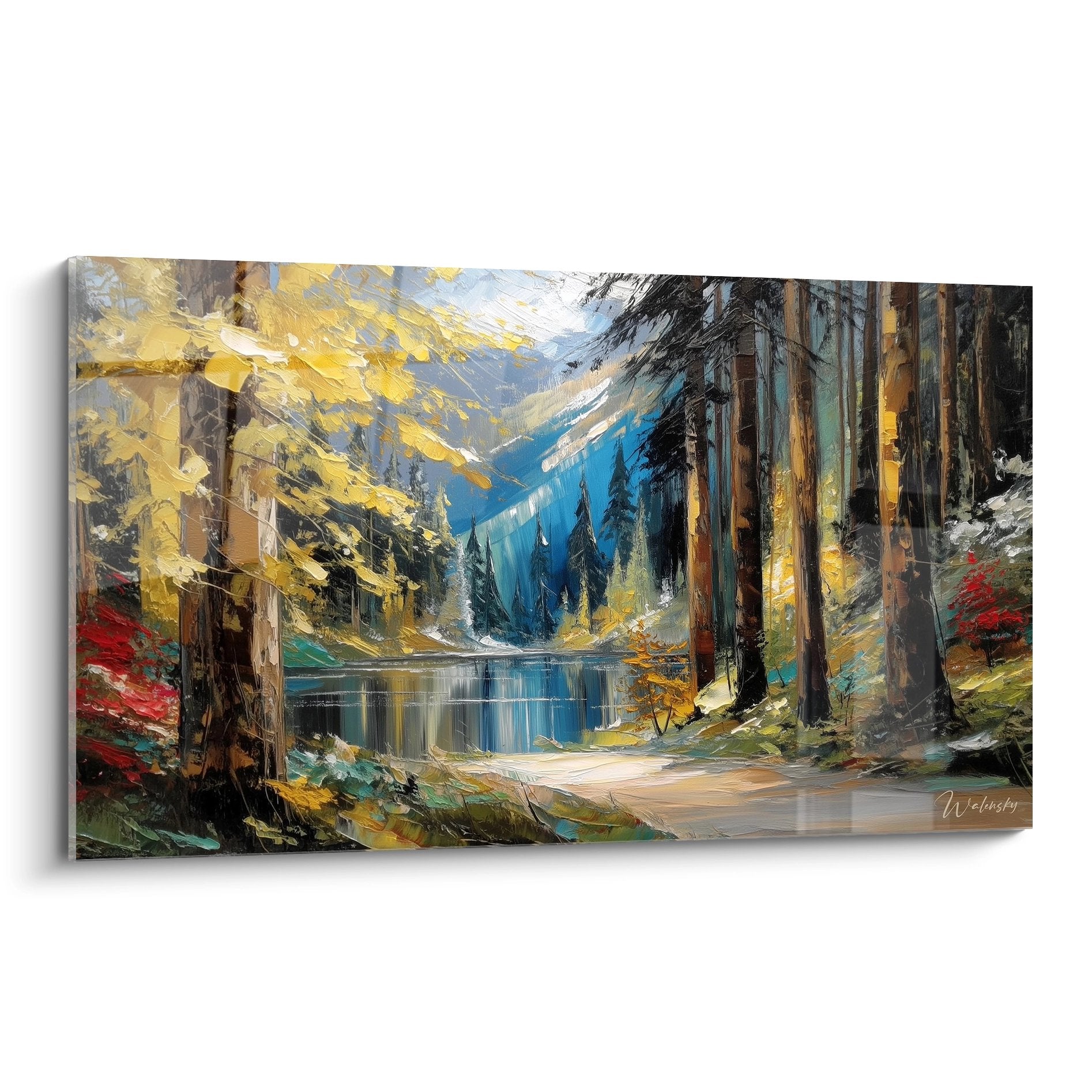 Tableau mural lac de montagne avec forêt d'automne aux reflets dorés et arbres majestueux