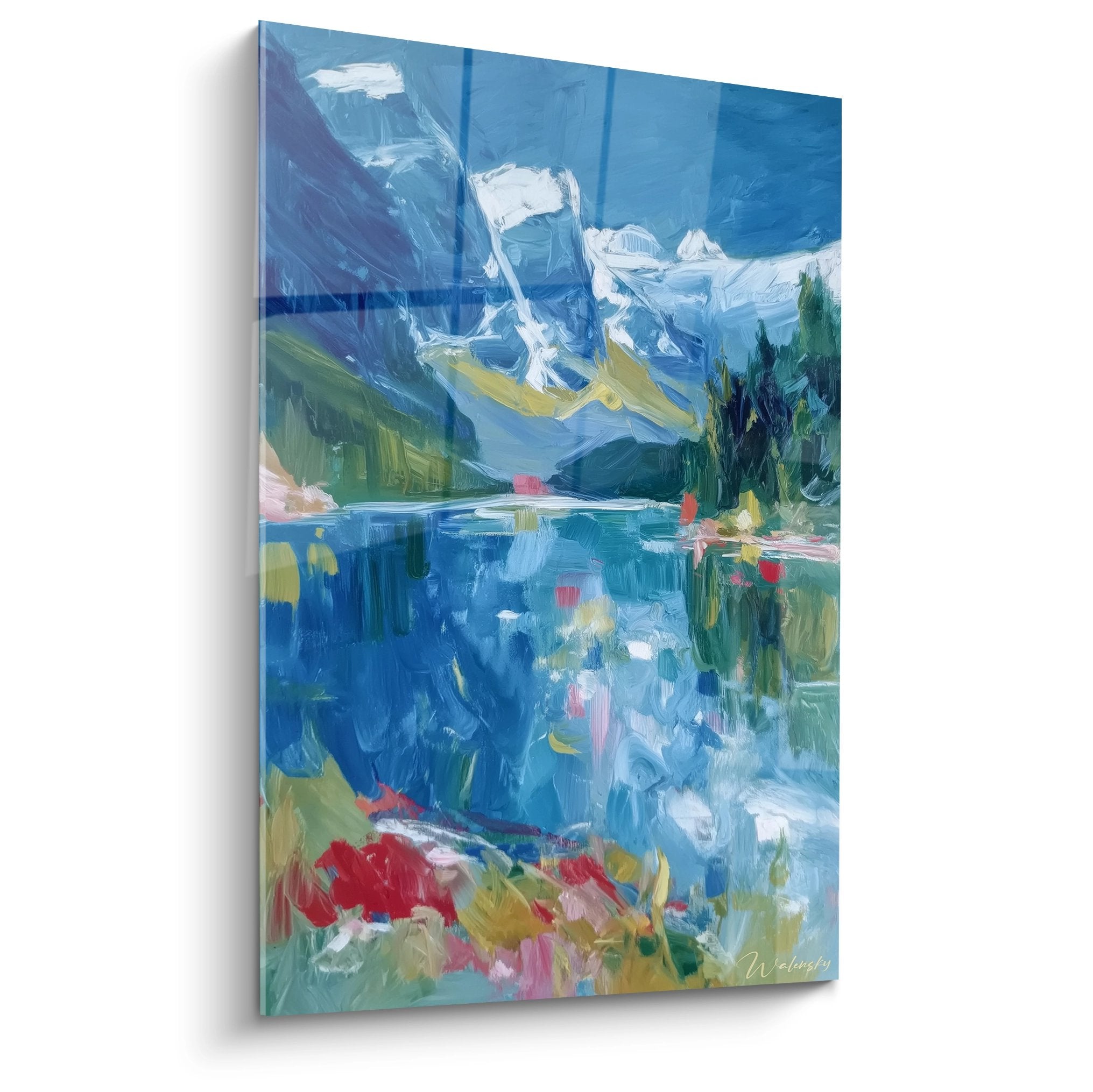 Tableau lac de montagne glaciaire avec reflets alpins et sommets enneigés, peinture murale nature