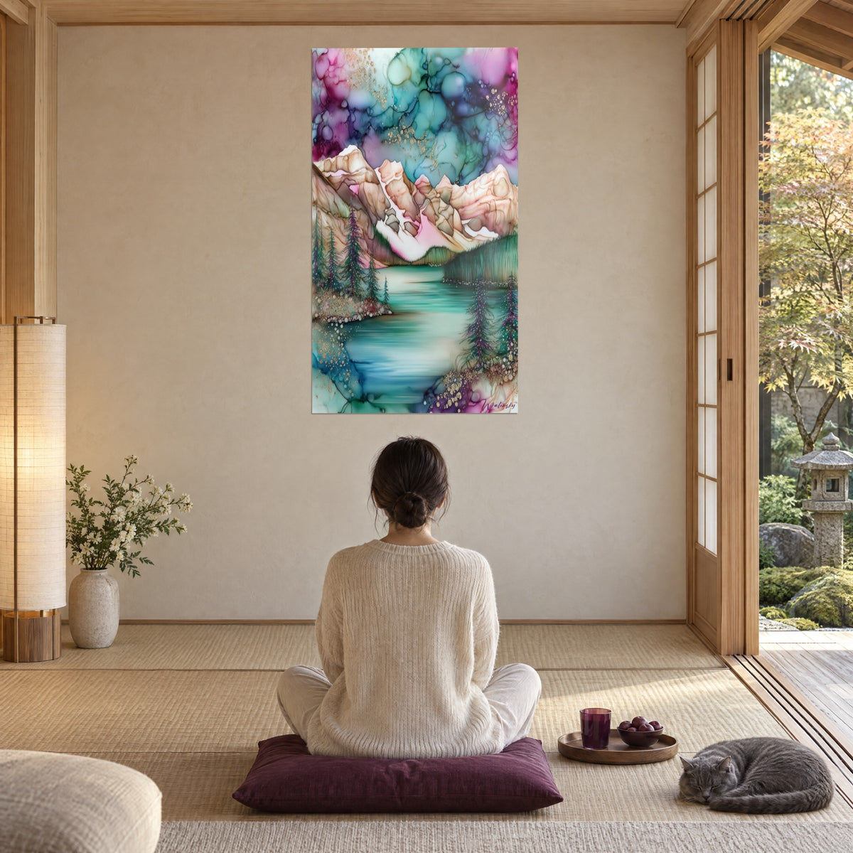 Cuadro lago alpino de cuento, cielo ciruela y verde menta, pinos con destellos dorados, contemplado por una mujer en meditación con su gato gris