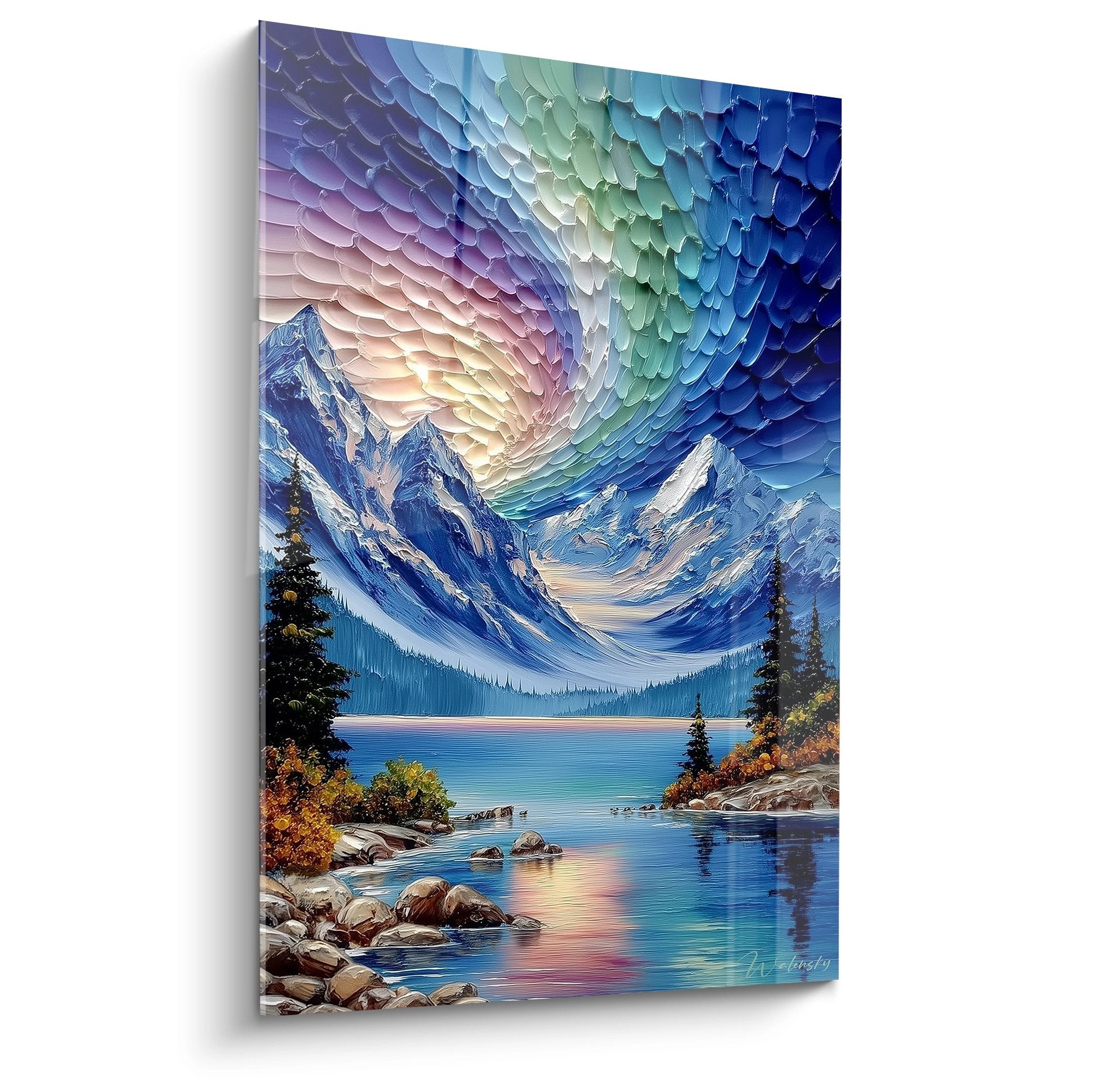 Tableau lac de montagne aux nuages colorés, art mural alpin premium pour décoration