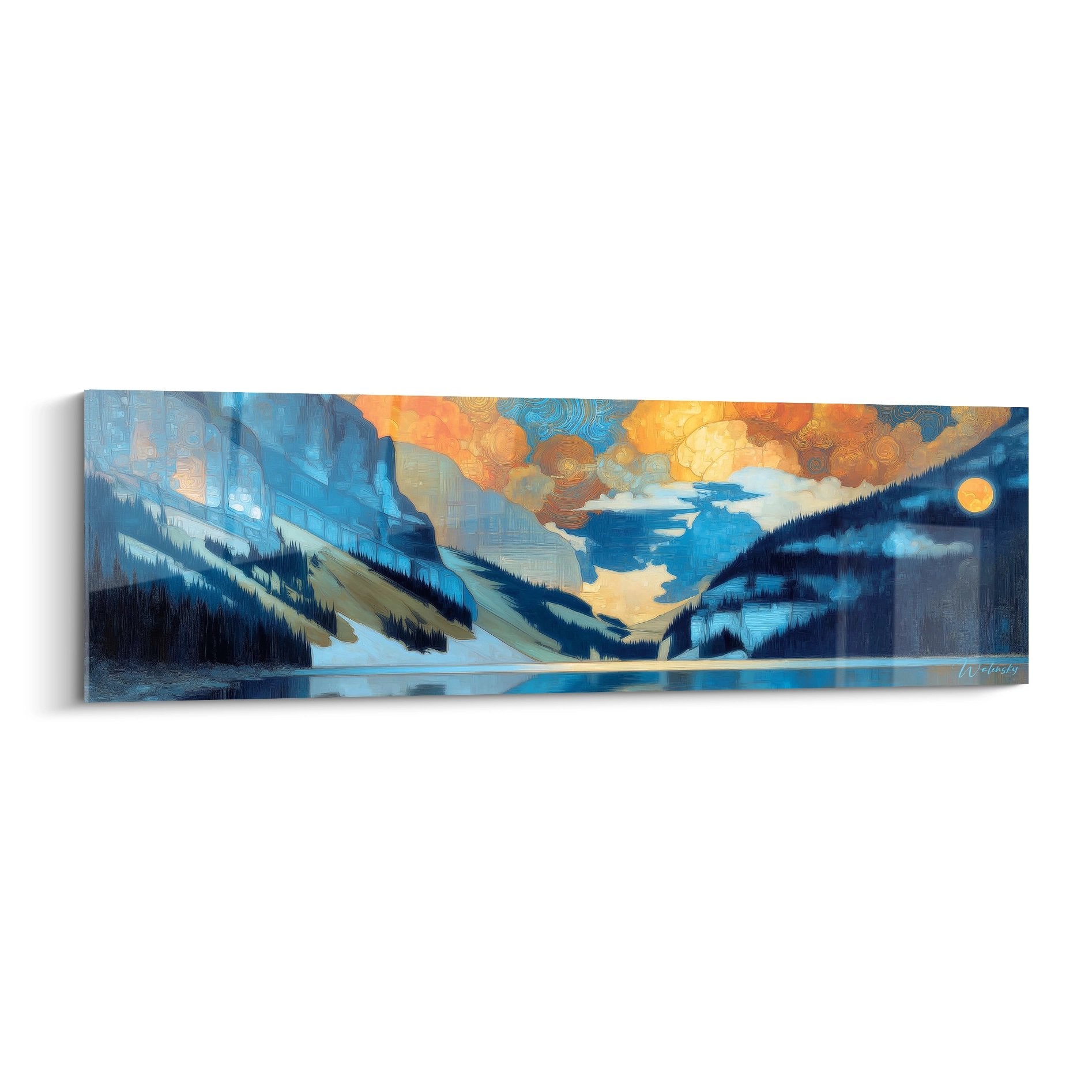 Tableau lac montagne panoramique avec reflets dorés et nuages orange sur fond de montagnes enneigées