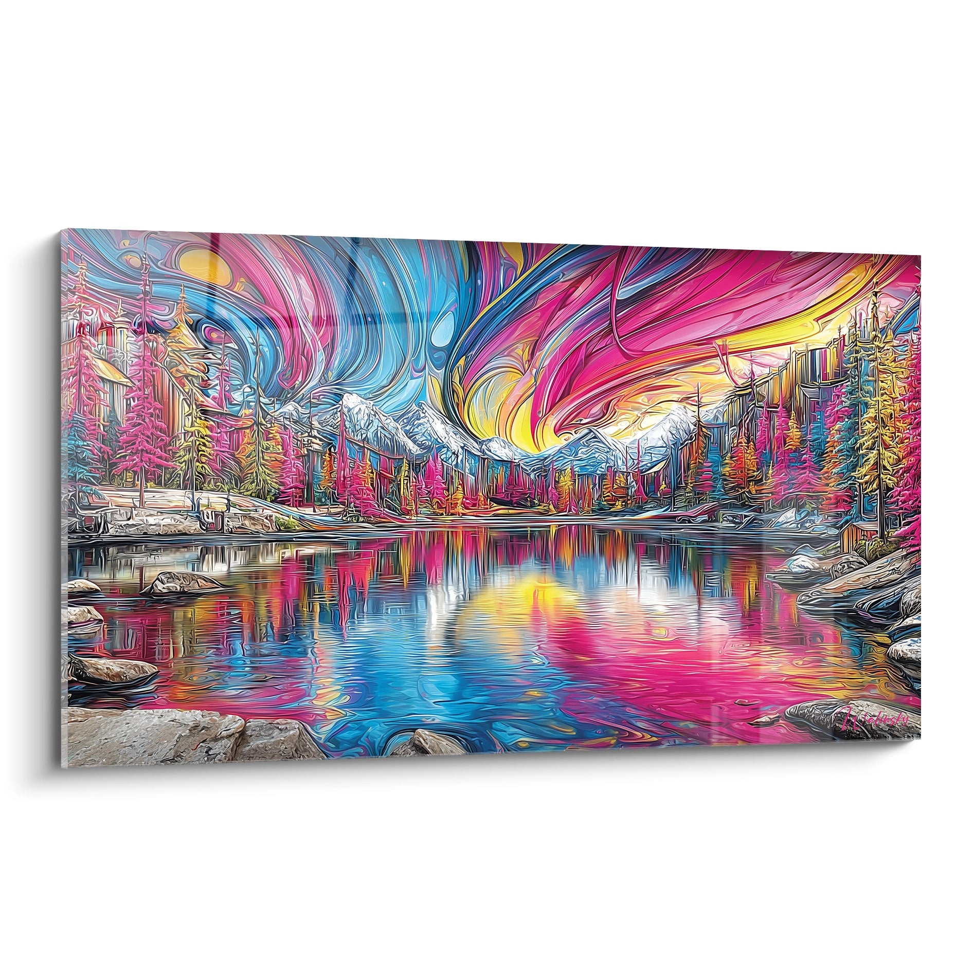 Tableau mural lac montagne psychédélique aux couleurs vives roses et bleues avec reflets magiques